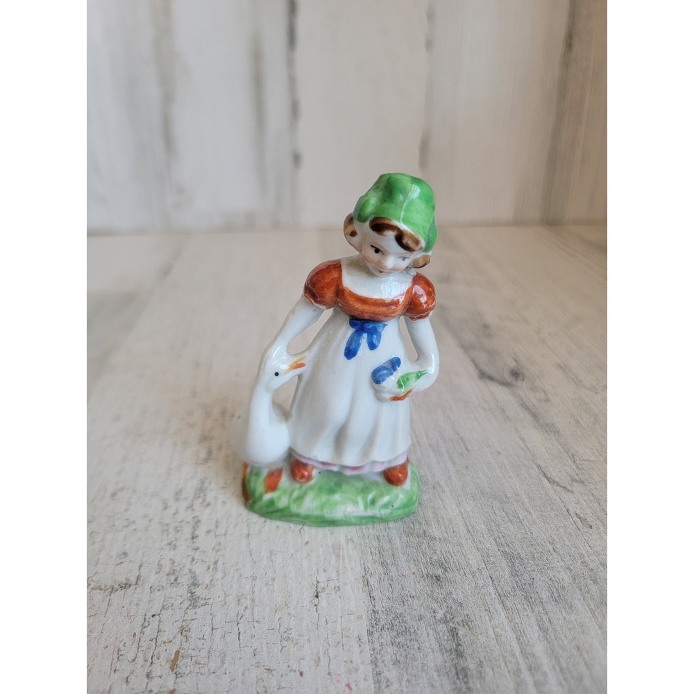 Vintage Dutch girl goose bird porcelain unique figurine green spring